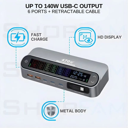 Built-in retractable USB-C cable on 470W charging station used in travel seating area