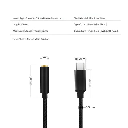 USB-C male to 3.5mm female audio adapter specifications and 13cm length