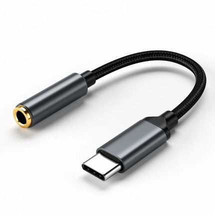Grey USB-C to 3.5mm audio headphone adapter with aluminium shell