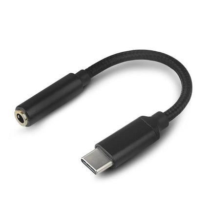 Black USB-C to 3.5mm earphone adapter with braided cable