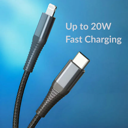 USB-C to iPhone 8-pin cable showing 20W PD charging setup