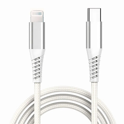 White USB-C to iPhone 8-pin braided cable for 20W PD charging