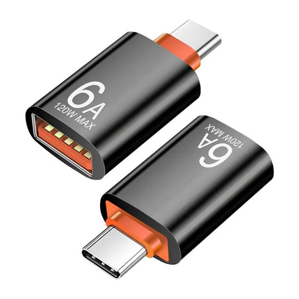 Black USB-C to USB-A female OTG adapter 6A 120W max