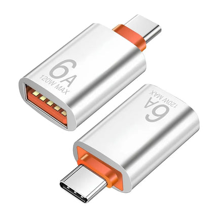 Silver USB-C to USB-A female OTG adapter 6A 120W max