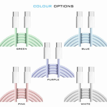 USB-C to USB-C 60W braided cable colour options in green, blue, purple, pink and white