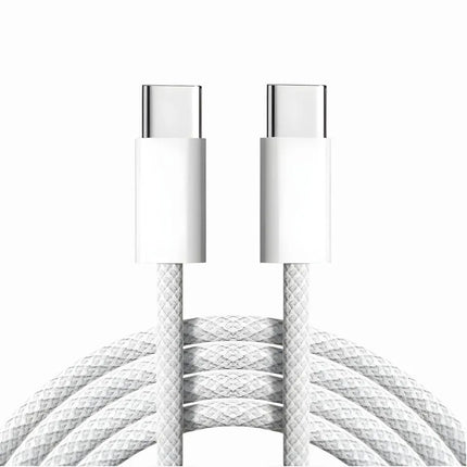 White USB-C to USB-C braided 60W charging cable with matching white connectors