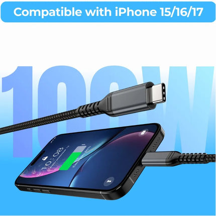 100W USB-C to USB-C cable charging a USB-C iPhone, compatible with iPhone 15, 16 and 17 USB-C models