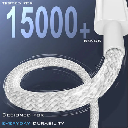 White braided USB-C to USB-C cable tested for over 15000 bends for everyday durability