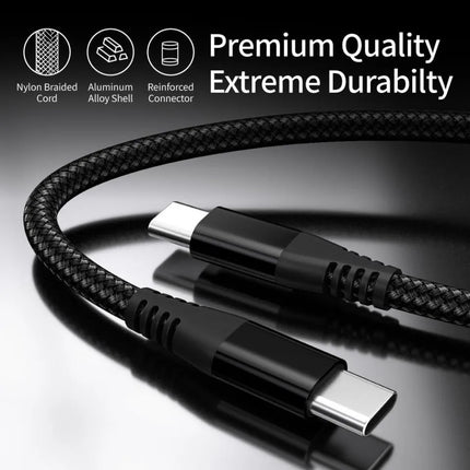 Braided USB-C to USB-C cable with reinforced connector and durable nylon cord
