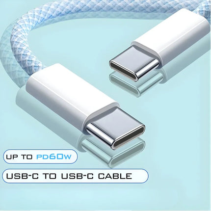 Close-up of USB-C to USB-C connectors with up to 60W PD charging support