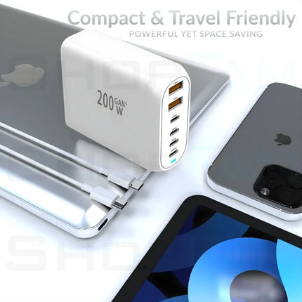 White 200W GaN USB-C charger shown as compact and travel friendly for phones and tablets