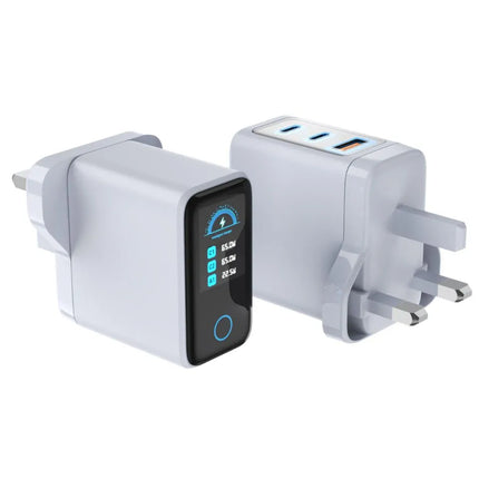 White 65W GaN USB-C charger plug showing front and rear UK plug design