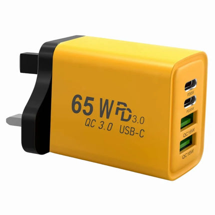 Yellow 65W USB-C UK charger plug product image on transparent background